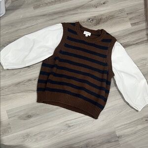 Evereve Stripe Knit Sweater Shirt with Puff Cotton Sleeve, Work wear, size L